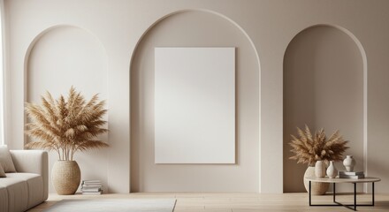 Minimalist interior design featuring a large blank canvas centered between arched niches, flanked by pampas grass in textured vases, a low 