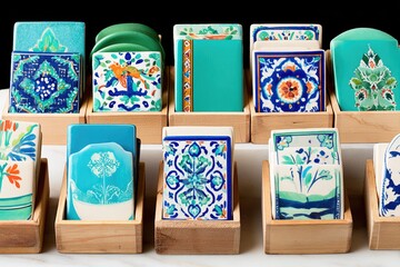 Colorful ceramic coasters in wooden boxes