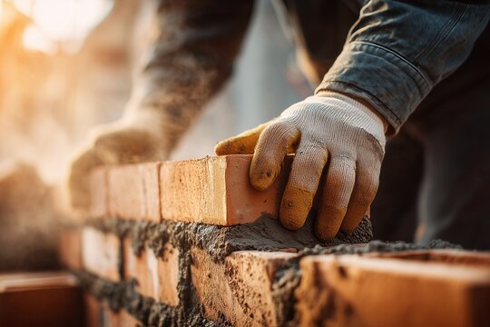 Construction worker laying bricks with precision at a building site during sunset