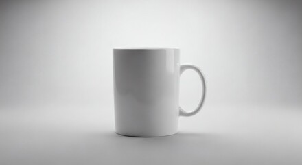 A simple, white ceramic mug sits centered on a neutral white surface, casting soft shadows in a studio setting.