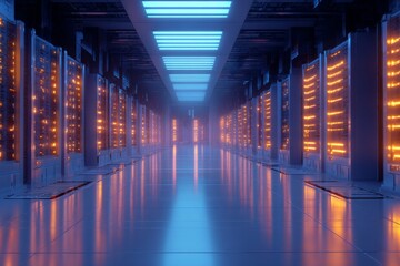 Rows of powerful servers glow with orange lights, creating a futuristic atmosphere in a large data center. The smooth floor reflects the vibrant hues and bright overhead lights