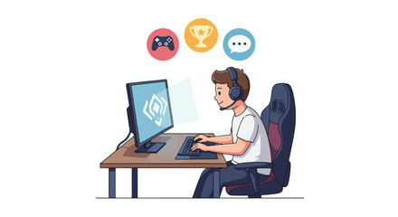 Young Gamer Playing Video Games with Headset