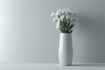 create photorealistic ultraminimalist composition featuring slender vase with fresh flowers set against clean