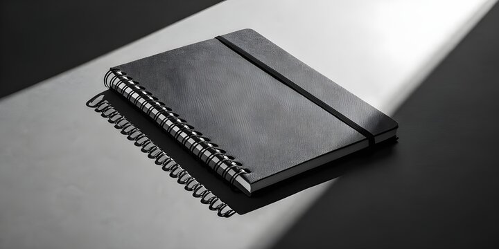 A black spiral notebook with an elastic band on a reflective surface