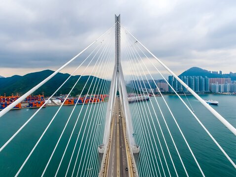 Aerial view of stonecutters bridge hong kong china with container terminal and city skyline