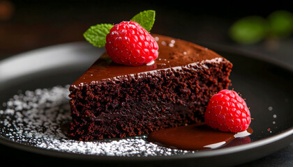Decadent slice of rich flourless chocolate cake beautifully garnished with fresh raspberry and mint on a dark plate.