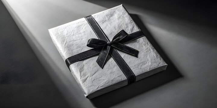 Elegant white gift box with a black ribbon, isolated on white background