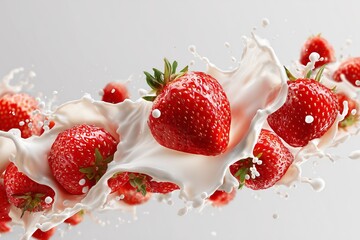 Fresh strawberries collide with creamy milk creating a splash of flavor in a bright setting