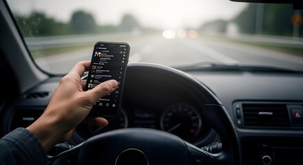 Driver holding smartphone on steering wheel, blurred road ahead, dangerous situation