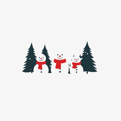 Three Snowmen with Red Scarves and Evergreen Trees Illustration