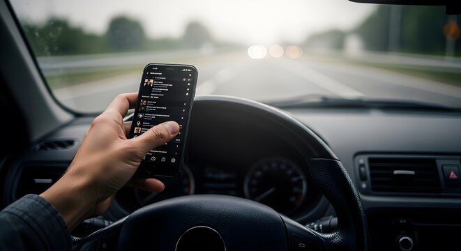 Driver holding smartphone on steering wheel, blurred road ahead, dangerous situation