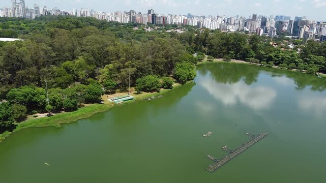 Aerial perspective of Ibirapuera Park, a large public park in Sao Paulo, Brazil