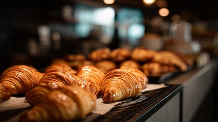 Freshly baked croissants cooling on a rack in a cozy bakery during early morning hours