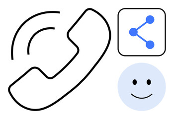 Phone receiver, blue share network icon, and smiling face creating a digital communication theme. Ideal for contact, networking, feedback, customer service, social media, technology simple landing