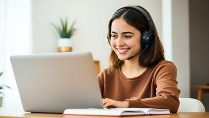 Smiling young woman with headset participating in an online class