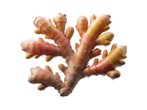 Knobbly ginger root with red tips isolated on a dark background
