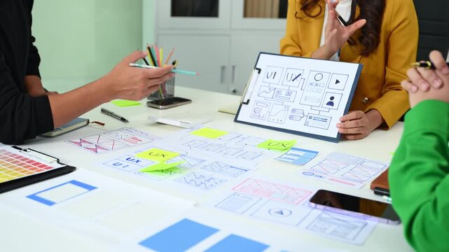 UX graphic designer planning application process development prototype wireframe for web smart phone. Creative digital development agency.
