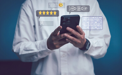 Concept of online review, customer experience person using smartphone with virtual customer review icons, star rating, feedback messages and data interface, digital marketing and user feedback system.