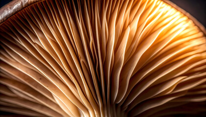 Intricate macro view of glowing mushroom gills, showcasing the delicate lamellae and natural abstract patterns of a fungus.