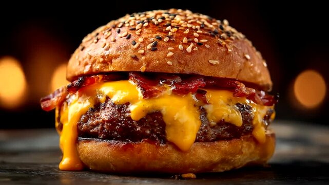 Close-up of a delectable, mouthwatering cheeseburger with melted cheese and crispy bacon.