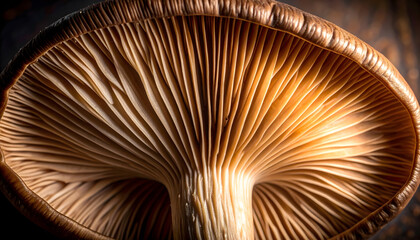 Macro close-up of the intricate gills and stem structure on the underside of a fresh, organic mushroom, showcasing detailed natural textures and earthy tones.