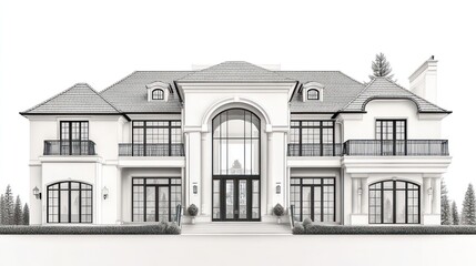 Fototapeta premium Elegant monochrome rendering showcases a grand residential home design with detailed architectural