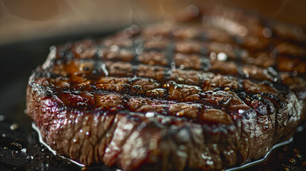 A close-up of a perfectly grilled medium-rare ribeye steak sizzling on the grill, showcasing mouthwatering details.