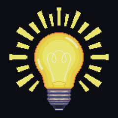 Pixel art glowing light bulb with shining rays on black background. Retro 8 bit design symbolizing idea, inspiration, creativity and innovation. Vector illustration.