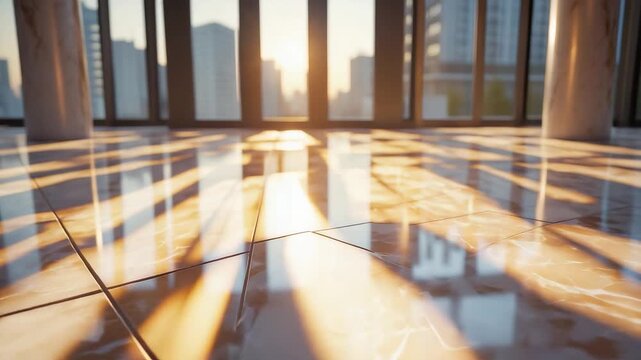 Sunlight streaming through tall glass windows reflecting on polished tiled floor inside modern high rise building with city view