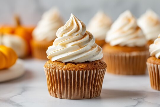 Delicious pumpkin spice cupcake with creamy frosting displayed on a marble surface with autumn decorations in the background