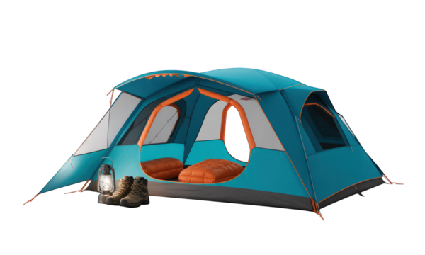 Bright teal tent with open flaps, boots, lantern, and pillows against dark background