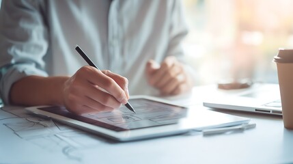 UX designer drawing website layout on digital tablet modern workspace white table with tablet pen laptop and coffee cup