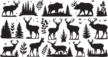 Enchanting Forest Silhouettes Diverse Wildlife Deer Bear Moose Trees Nature Scene Rustic Charm Woodland Ambiance Wildlife Illustration