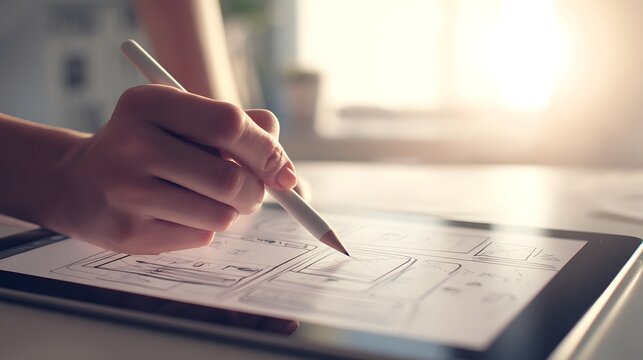 Designing a digital user interface on a tablet with a stylus showcasing creativity and digital design skills for app or web design