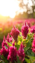 Vibrant pink flowers bathed in sunlight
