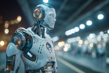 Fototapeta premium A sleek, futuristic robot with intricate designs stands on a city street illuminated by soft urban lights at night. This scene captures the essence of modern technology and innovation