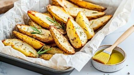 Crispy oven-baked potato wedges with herbs and olive oil concept of oil  