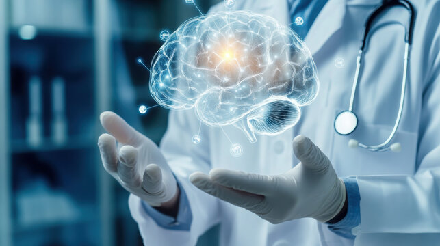 Doctor holding a glowing brain hologram with stethoscope and lab coat in a medical setting