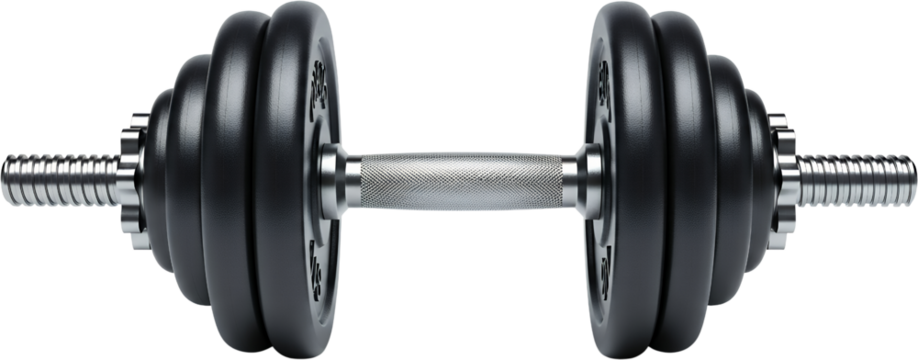 A single black adjustable dumbbell with chrome handle ready to isolate Weight Fitness Strength Gym Exercise transparent background - Powered by Adobe