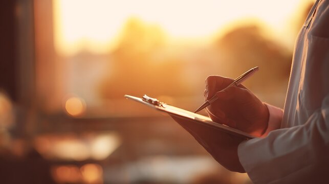 Close-up of a person signing a document on a clipboard with golden sunlight in the background Professional setting with focus on detail