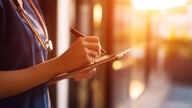Healthcare professional writing on digital tablet in sunlight wearing scrubs and stethoscope Technology meets medicine for efficient care