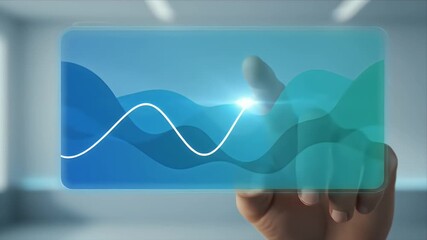 Hand interacts with futuristic transparent digital screen displaying a wavy financial graph data Modern business intelligence and market analytics concept  - Powered by Adobe