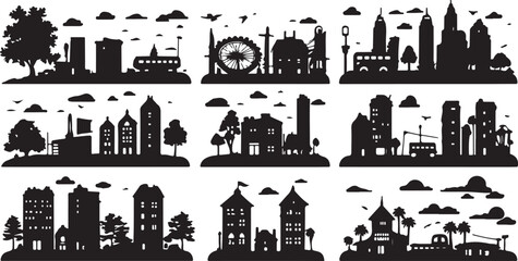 Obraz premium Nine Silhouetted Cityscapes showcasing Various Urban Architectural Designs and Natural Elements such as Trees and Clouds Against a White Background
