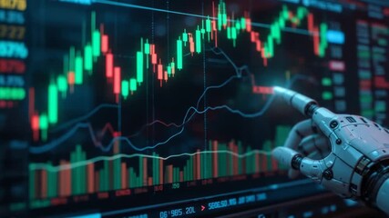 Robotic Hand Interacting with Dynamic Stock Market Chart: AI-Driven Finance Analysis - Powered by Adobe