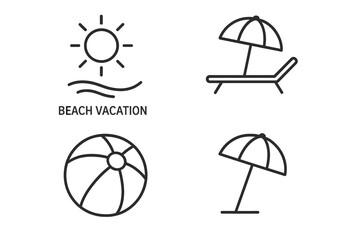 Fototapeta premium Beach vacation icons: sun, waves, lounger, beach ball, parasol