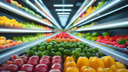 Colorful fresh fruits and vegetables arranged neatly on supermarket shelves under bright lights creating vibrant grocery market scene
