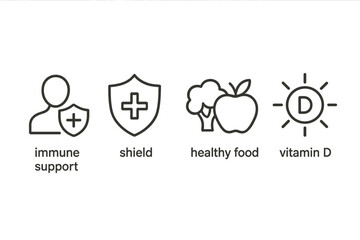 Immune support symbols: shield, healthy food, vitamin d icons