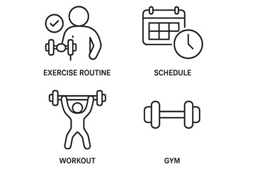Exercise routine and schedule: workout and gym icon set