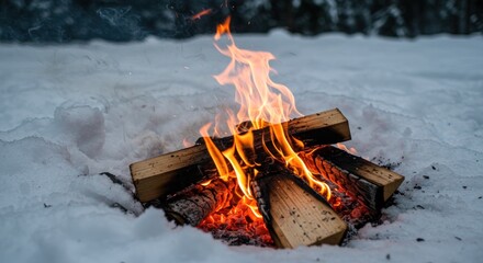 Warm campfire burns brightly in snowy landscape, with blurry trees in background