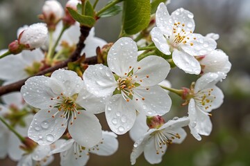 Close-Up of Beautiful White Cherry Blossom Flowers with Raindrops and Green Leaves